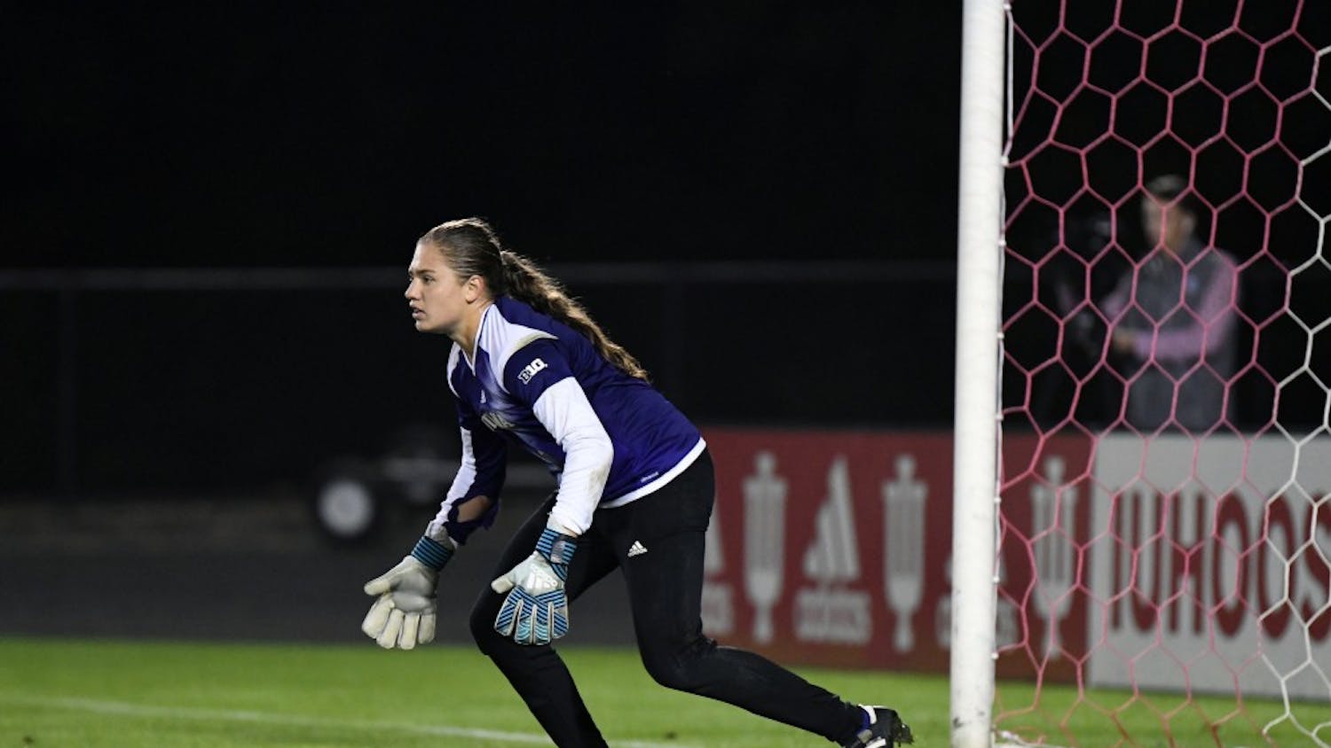 Then-freshman goalkeeper Bethany Kopel gets in position against Iowa at Bill Armstrong Stadium. The IU women's soccer team lost to Nebraska in overtime, 4-3, and will play at Iowa on Sunday.&nbsp;