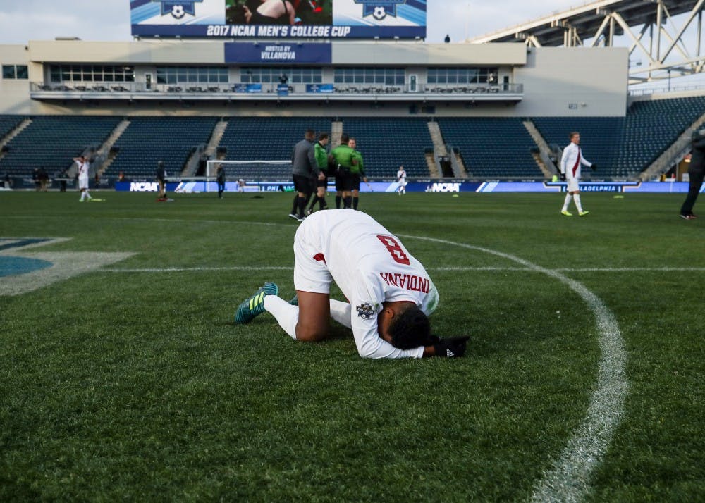 Freshman forward Mason Toye reacts after IU loses during overtime to Stanford in the NCAA Men's Soccer Tournament Championship game on Dec. 10 at Talen Energy Stadium in Chester, Pennsylvania. IU lost, 1-0.