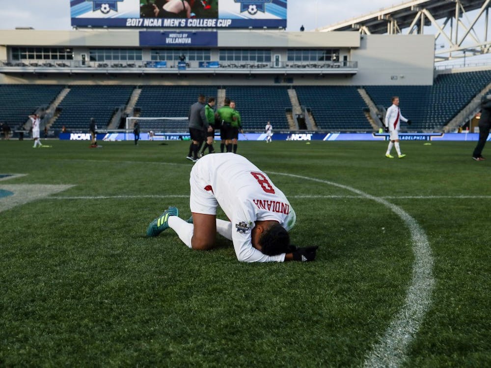 Freshman forward Mason Toye reacts after IU loses during overtime to Stanford in the NCAA Men's Soccer Tournament Championship game on Dec. 10 at Talen Energy Stadium in Chester, Pennsylvania. IU lost, 1-0.