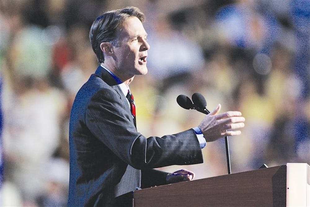 Sen. Evan Bayh, D-Ind., speaks at the Democratic National Convention on Wednesday in Denver.  