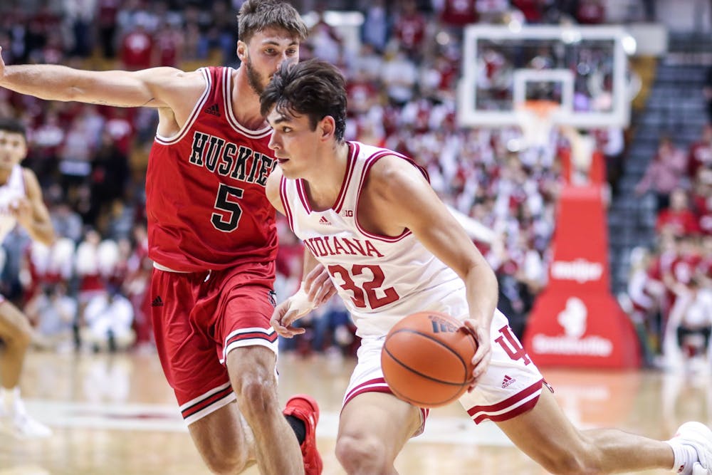 <p>Sophomore guard Trey Galloway plays offense Nov. 12, 2021, at Simon Skjodt Assembly Hall. Galloway posted a career-high 13 points in his first start of the season against Northwestern on Feb. 8, 2022. </p>