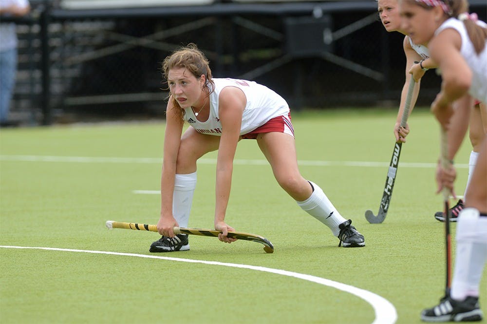 Freshman midfielder Charlie Kaste waits for the ball to be put into play during the game against Northwestern Sunday afternoon at IU Field Hockey Complex. The Hoosiers upset the number 14th ranked Northwestern 3-2.