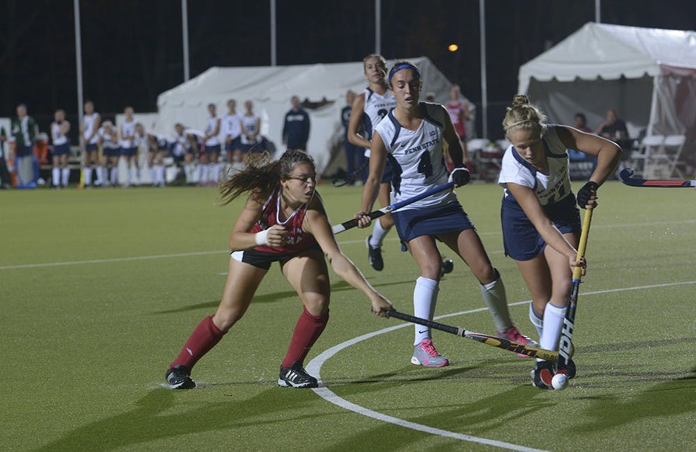 Senior forward Karen Lorite tries to regain control of the ball during the game against Penn State University on Thursday evening. IU lost the game, 3-1.