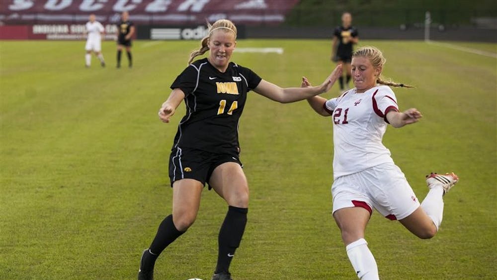 Sophomore midfielder Kayleigh Steigerwalt takes a shot during IU's game Oct. 12 against Iowa at Bill Armstrong Stadium. The Hoosiers fell to the Hawkeyes 2-1.