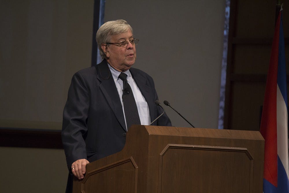 Ambassador Carlos Alzugaray speaks on the growing Cuban-USA relationship on Wednesday in Franklin Hall. Alzugaray spoke on how the relationship between the nations has changed in the last few months as weel as where the future may lead for the two countries.