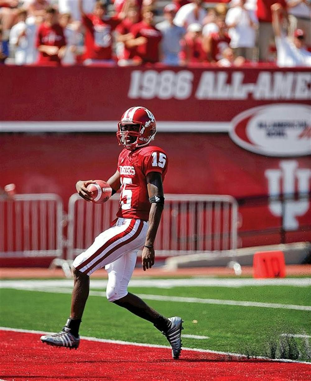 Junior quarterback Kellen Lewis enters the endzone during the Hoosiers' 31-13 victory over the Western Kentucky Hilltoppers Saturday afternoon at Memorial Stadium. Lewis set a new IU record with 44 touchdown passes while rushing for 185 yards.