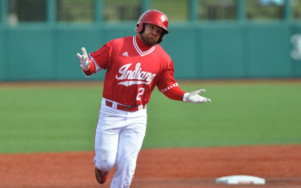 Senior Alex Krupa rounds the bases after his first career home run on Saturday at Bart Kaufman Field. Krupa’s home run led off a 7-run third inning for the Hoosiers, who went on to beat Middle Tennessee 12-1.