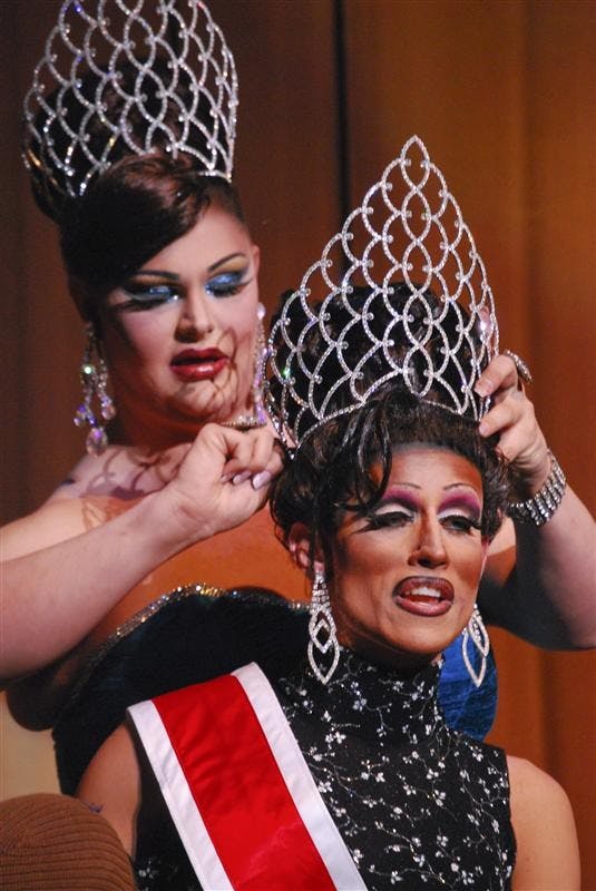 Miss Gay IU 2008 Britney Taylor crowns Miss Gay IU 2009 Chanel Cartier on Friday evening at the IU Auditorium. The pageant marked the 19th year of Miss Gay IU.
