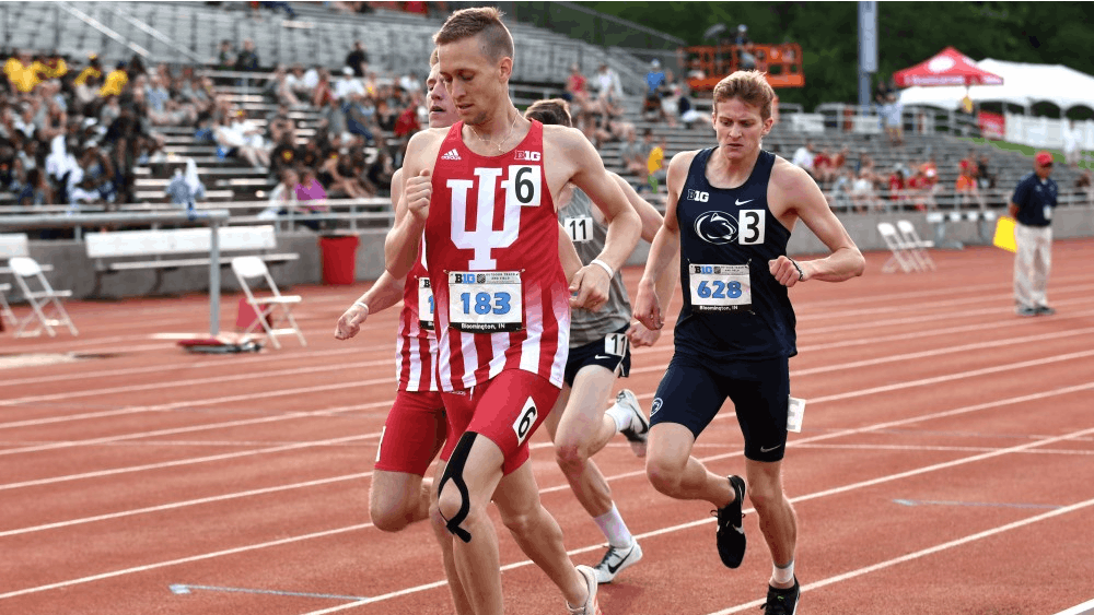 Junior Joseph Murphy crosses the finish line in his heat of the 1,500-meter run during the Big Ten Outdoor Track and Field Championships at IU's Robert C. Haugh Track and Field Complex. Murphy qualified for the NCAA Championships at Prelims on Friday with a time of 3:43.79 in the 1,500-meter run.