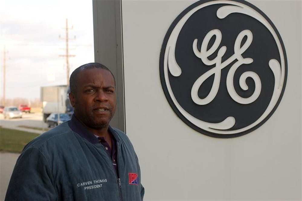 IBEW Local 2249 President Carven Thomas stands outside the Bloomington GE refrigerator plant on Curry Pike last week prior to a continuing studies course at the facility. Thomas represents the 700-plus workers who will be laid off in the first quarter of 2010.