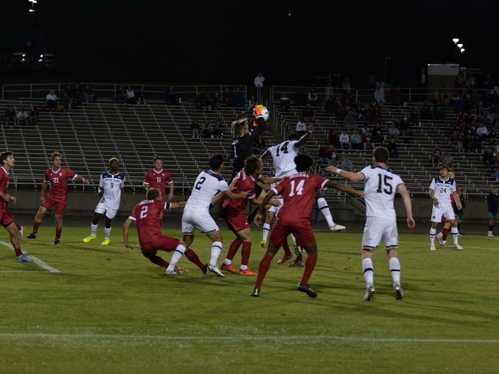 Redshirt senior goalkeeper Bryant Pratt catches a goal attempt from Notre Dame Oct. 5, 2022, at Bill Armstrong Stadium. Indiana lost 1-3 in the NCAA College Cup game against Rutgers.