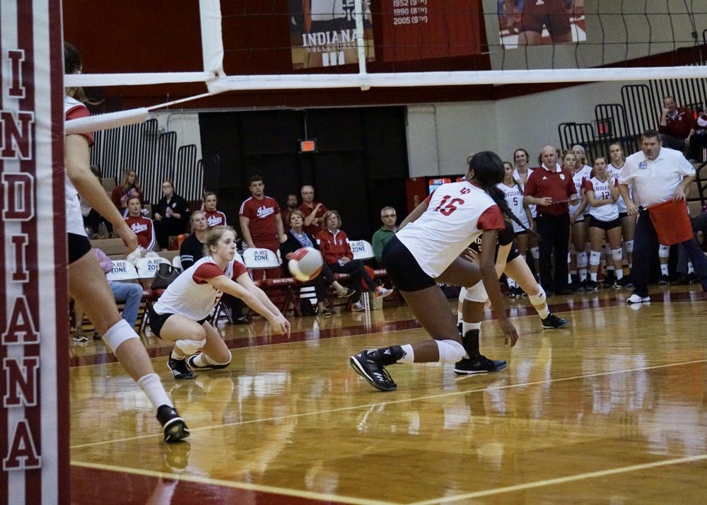 Freshman outside hitter, Kamryn Mallory, adds another kill to her stats against the Iowa Hawkeyes on Oct. 11 at the University Gym. IU is now 1-13 in conference play after losing again to Iowa and No. 7 Nebraska this past weekend.&nbsp;