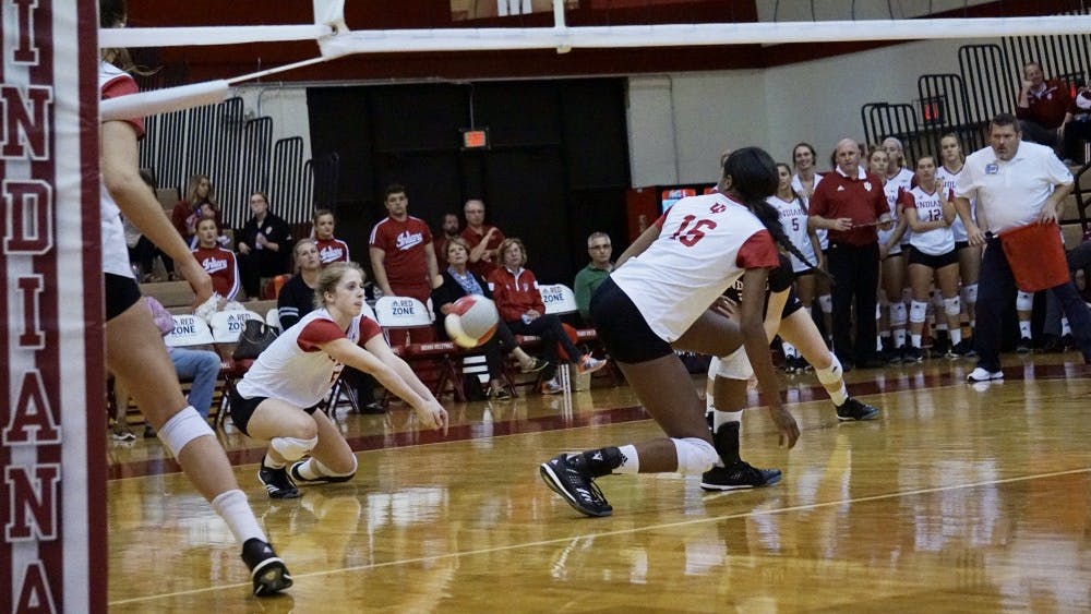 Freshman outside hitter, Kamryn Mallory, adds another kill to her stats against the Iowa Hawkeyes on Oct. 11 at the University Gym. IU is now 1-13 in conference play after losing again to Iowa and No. 7 Nebraska this past weekend.&nbsp;