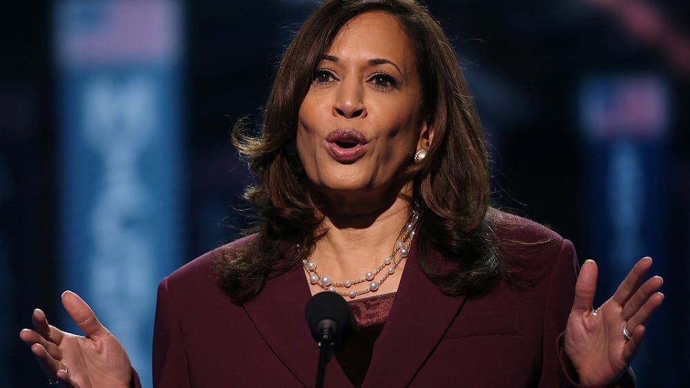 Democratic vice presidential nominee Sen. Kamala Harris, D-CA, speaks on the third night of the Democratic National Convention on Aug. 19 from the Chase Center in Wilmington, Delaware.