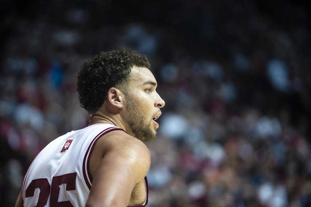 <p>Graduate forward Race Thompson pauses at the end of the court the Nov. 3, 2022 at Simon Skjodt Assembly Hall in Bloomington, Indiana. Indiana is ranked No. 10 in the Week 4 AP Poll.</p>