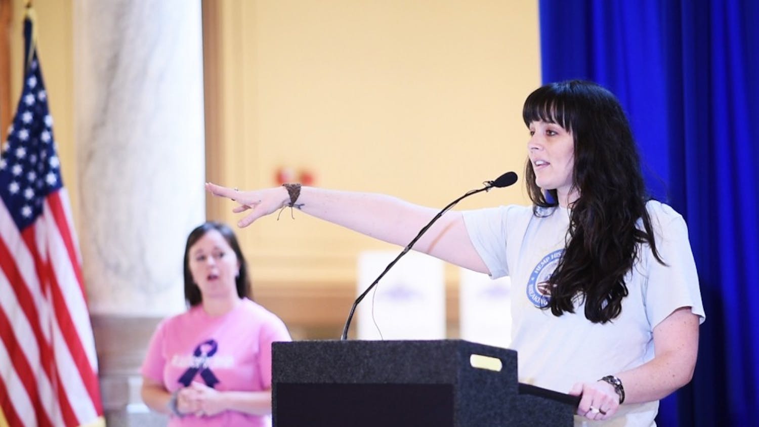 Michelle Lennis, a co-organizer of the Hoosiers for CBD Rally, speaks on Thursday at the Indiana Statehouse about the need for awareness about CBD oil. CBD oil and industrial hemp are the focus of three ongoing bills in the Indiana House of Representatives and Senate.