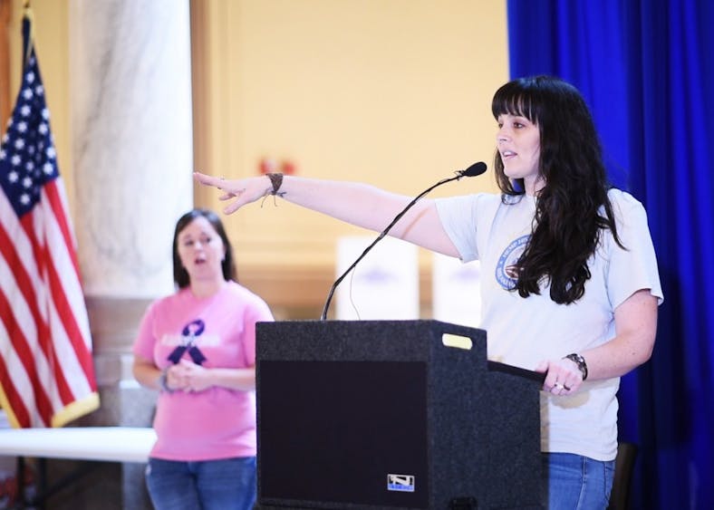 Michelle Lennis, a co-organizer of the Hoosiers for CBD Rally, speaks on Thursday at the Indiana Statehouse about the need for awareness about CBD oil. CBD oil and industrial hemp are the focus of three ongoing bills in the Indiana House of Representatives and Senate.