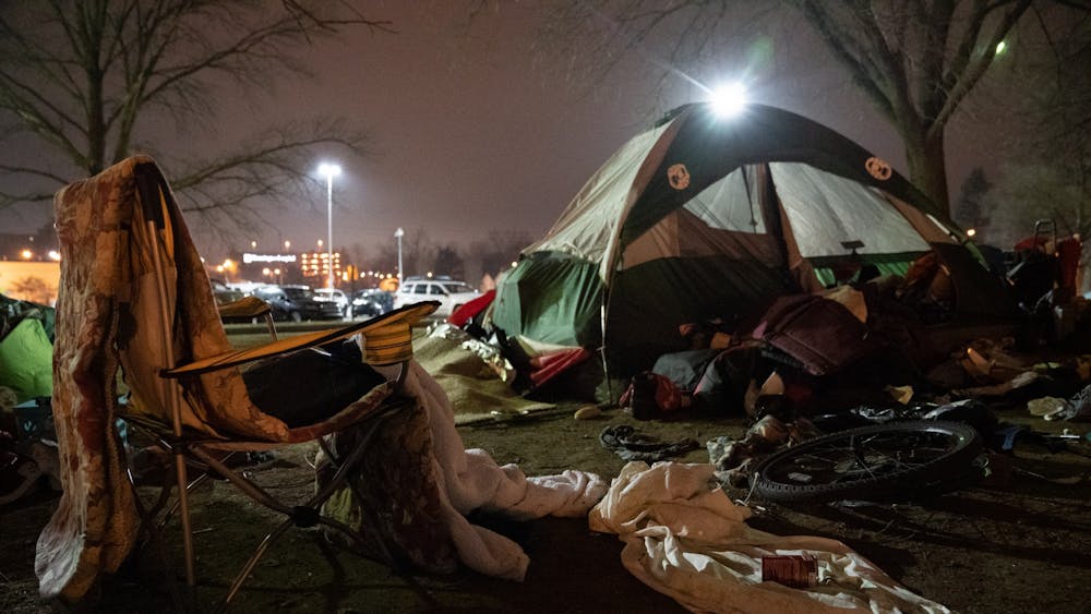 Belongings of people experiencing homelessness appear Jan. 12 in Seminary Park. The Bloomington Chamber of Commerce released a statement Tuesday opposing an ordinance that would create greater protections for people staying at homeless encampments. 