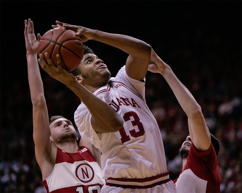 Freshman forward Juwan Morgan goes up to the basket to attempt a layup. Morgan scored 12 points for the Hoosiers, helping them beat Nebraska 80-64 Feb. 17 at Assembly Hall.