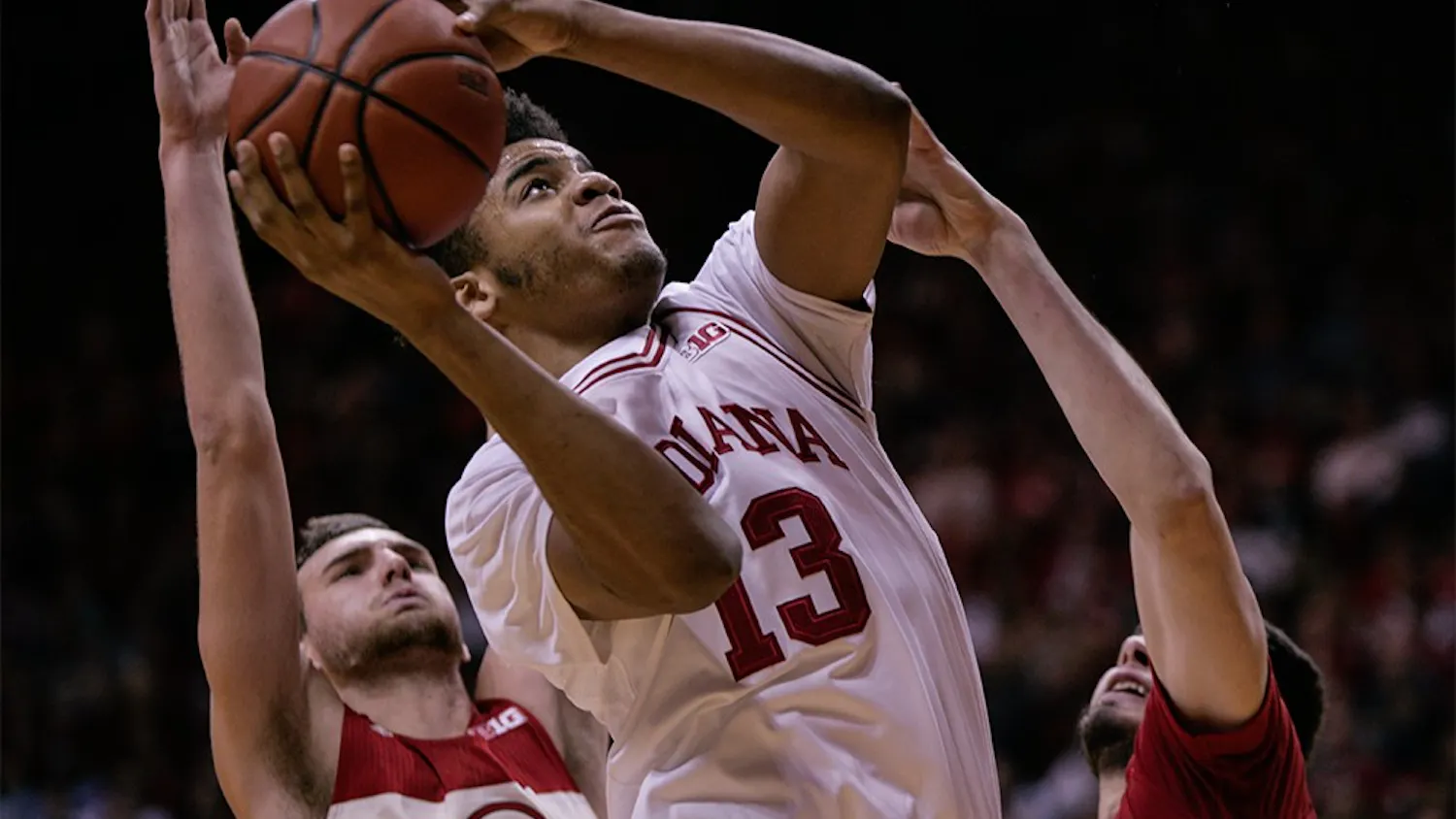 Freshman forward Juwan Morgan goes up to the basket to attempt a layup. Morgan scored 12 points for the Hoosiers, helping them beat Nebraska 80-64 Feb. 17 at Assembly Hall.