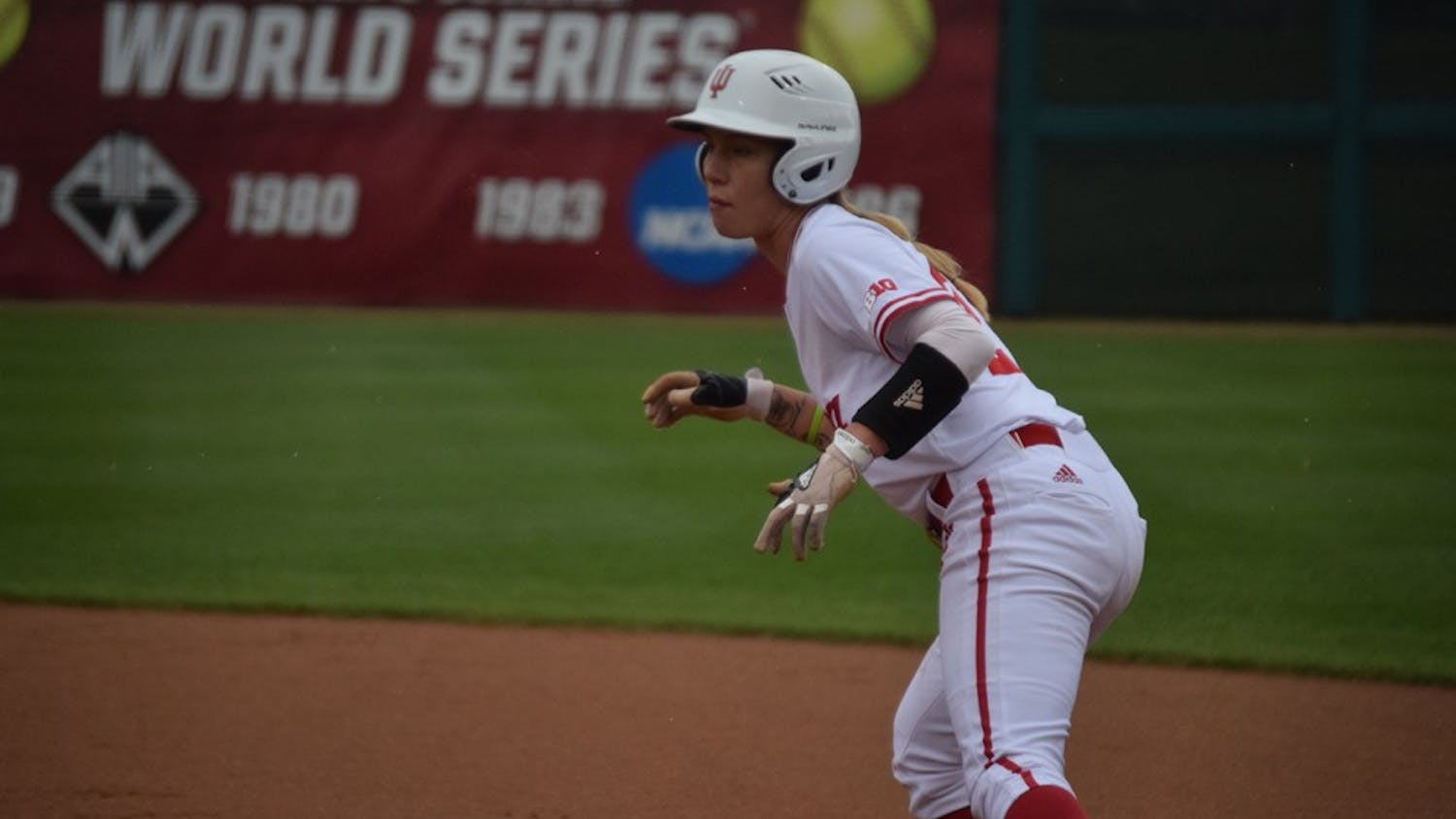 Junior shortstop Rachel O'Malley takes a lead off first base after drawing a&nbsp;walk. The Hoosiers defeated the Terrapins in all three games in Bloomington.