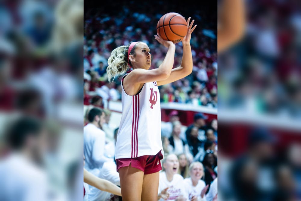 <p>Sydney Parrish shoots a three during the 3-point contest for Hoosier Hysteria Oct. 7, 2022, at Simon Skjodt Assembly Hall. Parrish will play for Indiana women&#x27;s basketball this season after spending two years at the University of Oregon.</p>