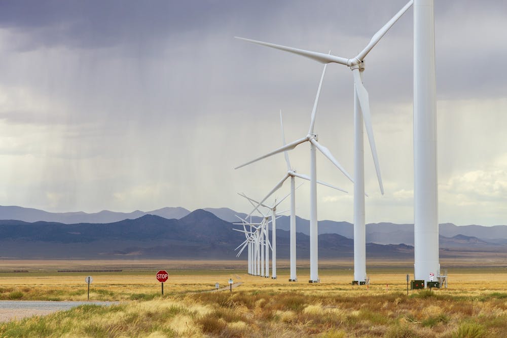 <p>Wind turbines, that are part of a large wind farm near Milford, Utah.</p>