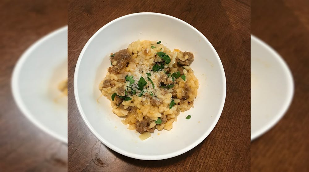 <p>Indiana Daily Student writer Isabella DeMarco&#x27;s finished risotto. DeMarco followed Sam Sifton’s Sausage Risotto recipe from the New York Times.</p><p><br/><br/><br/></p>