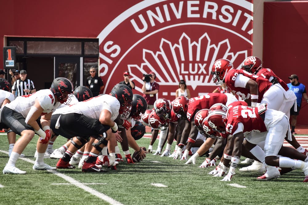 <p>Indiana football lines up against Western Kentucky University on Sept. 17, 2022, at Memorial Stadium. Indiana defeated Western Kentucky University 33-30 and improved to a 3-0 record.</p>