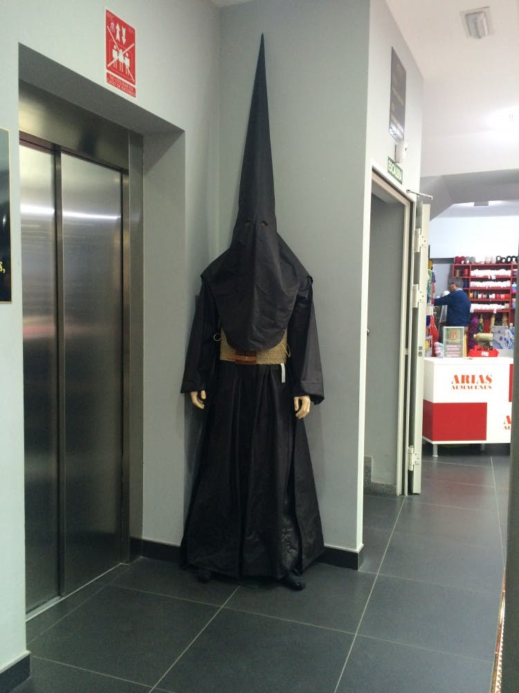 A mannequin dons the traditional outfit worn by some men during Spain's Semana Santa, or Holy Week.