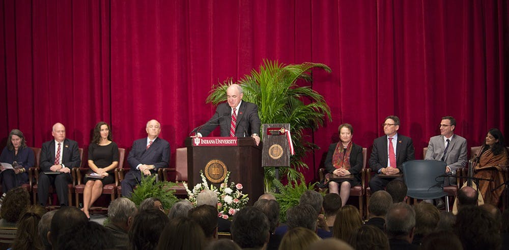 President Michael McRobbie speaks during the dedication of the Global and International Studies building Wednesday afternoon. McRobbie presided over the ceremony while IU-Bloomington Provost and Executive Vice President Lauren Robel, the dean of the College of Arts and Sciences and the new dean of the School of Global and International Studies all spoke.