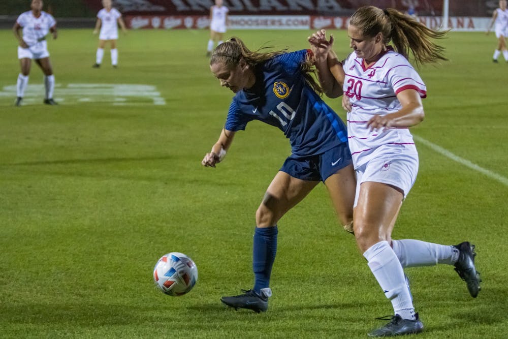 <p>Sophomore forward Jen Blitchok challenges for the ball Sept. 9, 2021, at Bill Armstrong Stadium. Indiana beat Murray State University 4-0. </p>