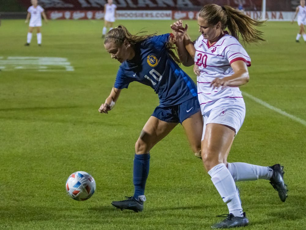Sophomore forward Jen Blitchok challenges for the ball Sept. 9, 2021, at Bill Armstrong Stadium. Indiana beat Murray State University 4-0. 