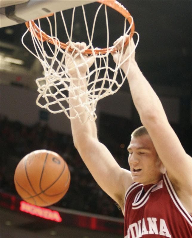 IU freshman forward Tom Pritchard dunks the ball in the second half. Pritchard led IU scoring against Ohio State with 16 points.