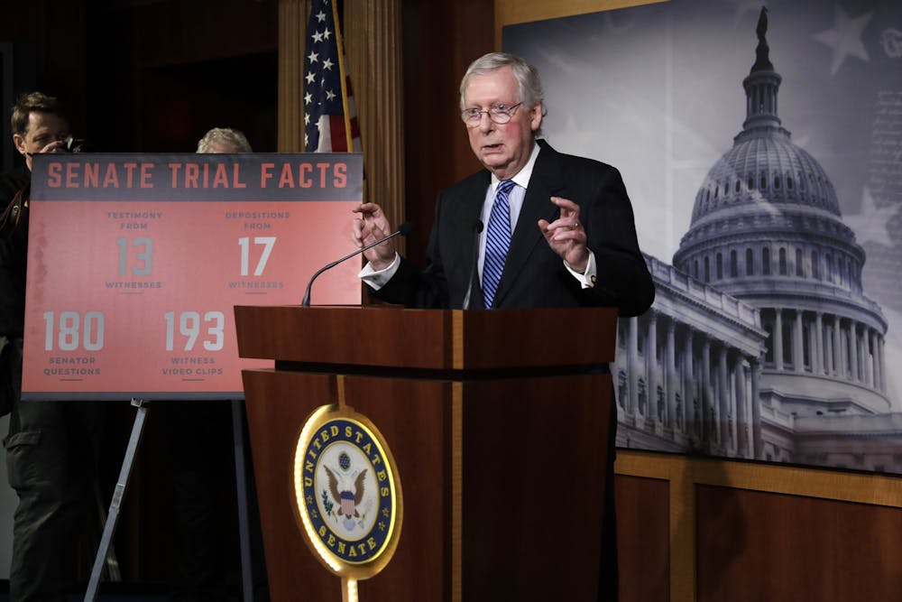 <p>U.S. Senate Majority Leader Mitch McConnell, R-Ky., speaks Feb. 5 during his press conference on Capitol Hill in Washington, D.C. The Senate acquitted President Donald Trump of abuse of power and obstruction of Congress during his impeachment trial.</p>