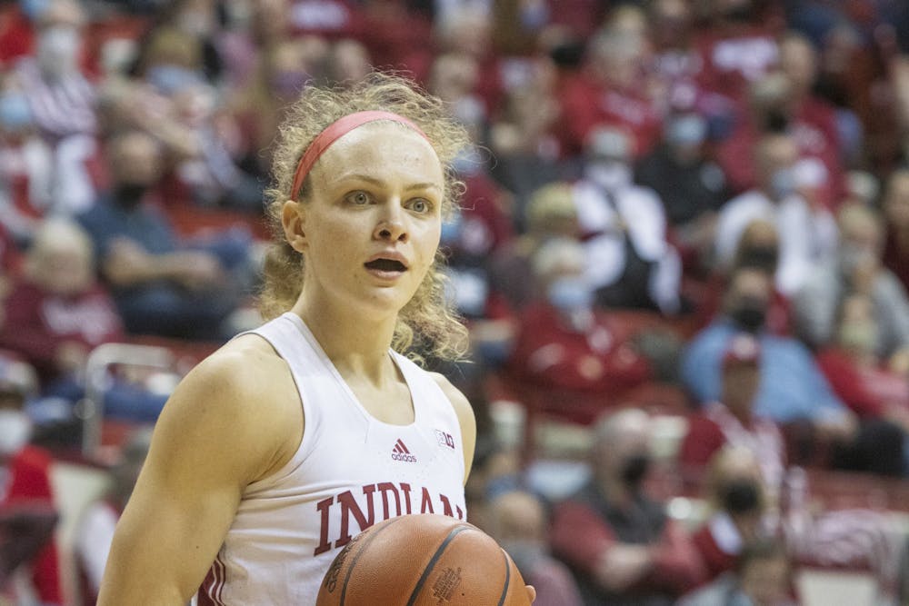 <p>Senior guard Grace Berger reacts to a foul Dec. 2, 2021, at Simon Skjodt Assembly Hall. Indiana lost 66-58 to North Carolina State University. </p>