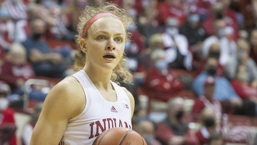 Senior guard Grace Berger reacts to a foul Dec. 2, 2021, at Simon Skjodt Assembly Hall. Indiana lost 66-58 to North Carolina State University. 