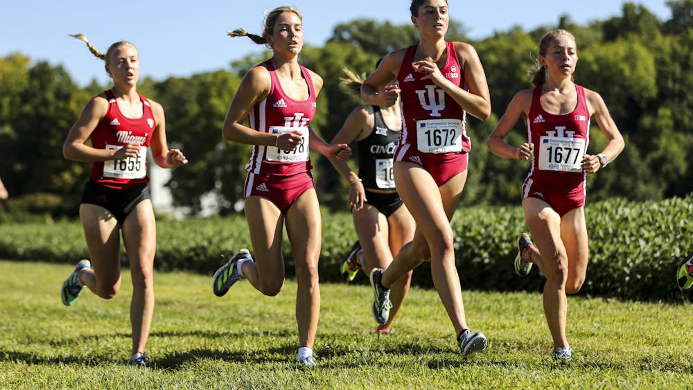 OXFORD, OH - September 01, 2023 - Katelyn Winton, Phoebe Bates, and Claire Overfelt during the Redhawk Rumble at Miami University Cross Country Course in Oxford, Ohio. Photo By Maddi Sponsel/Indiana Athletics.