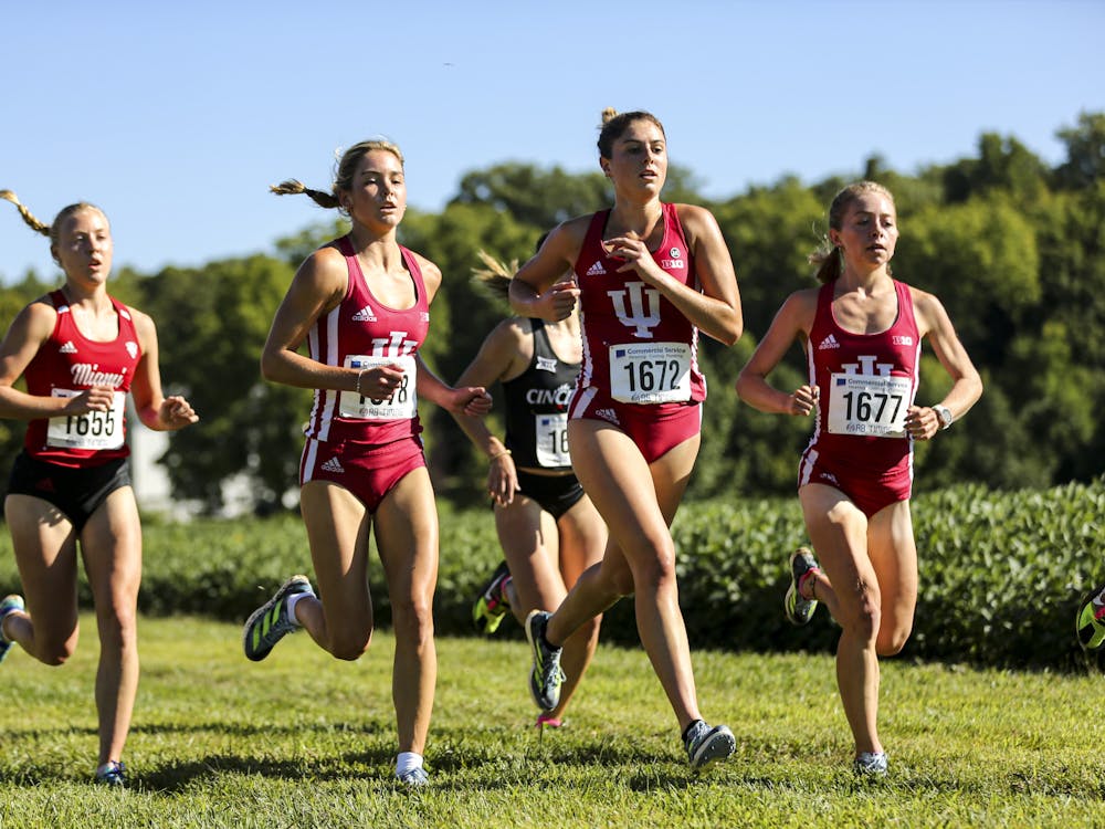 OXFORD, OH - September 01, 2023 - Katelyn Winton, Phoebe Bates, and Claire Overfelt during the Redhawk Rumble at Miami University Cross Country Course in Oxford, Ohio. Photo By Maddi Sponsel/Indiana Athletics.