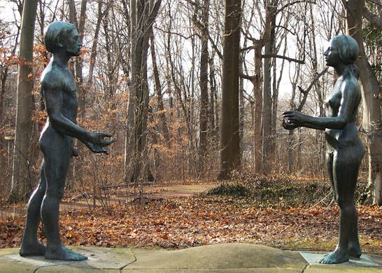 Bronze statues depicting Adam and Eve located between Lindley Hall and Dunn Woods. The statues represent the differences between men and women, but they are drawn together by love. &nbsp;&nbsp;&nbsp;&nbsp;&nbsp;&nbsp;&nbsp;&nbsp;