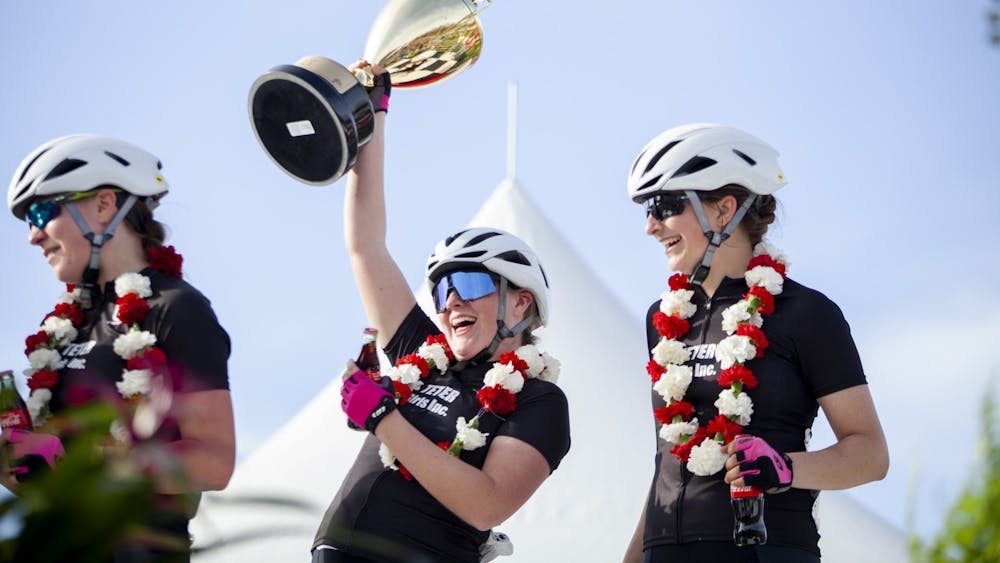 Members of Teter Cycling pose with their prizes April 12, 2019, at Bill Armstrong Stadium. The first women&#x27;s Little 500 race began in 1988.