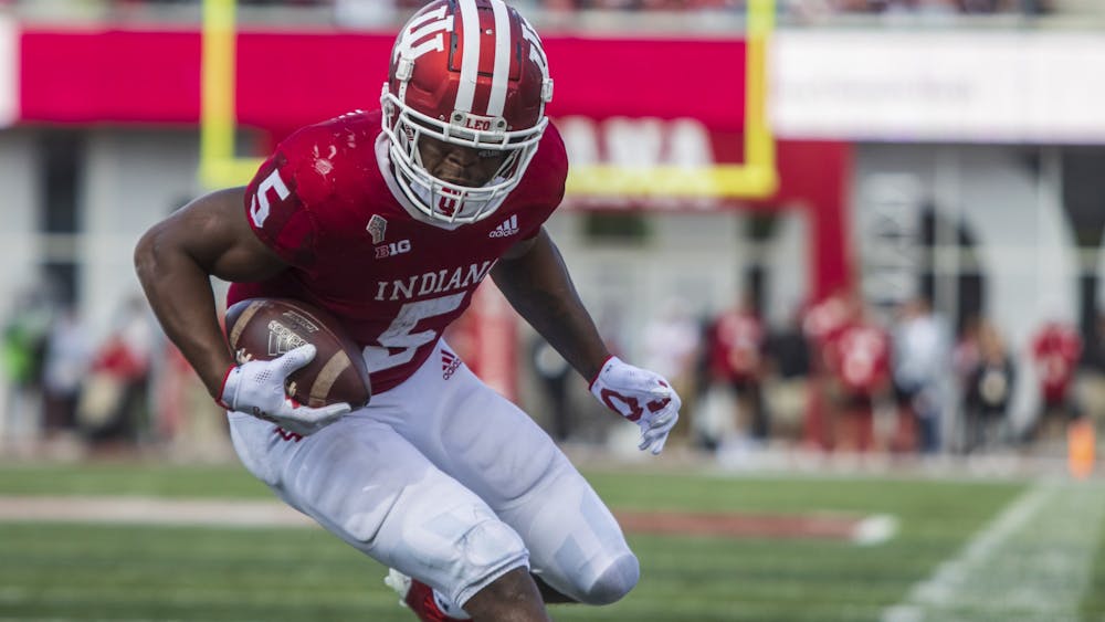 Graduate running back Stephen Carr rushes for a touchdown Oct. 16, 2021 at Memorial Stadium. Carr rushed for 136 yards and two touchdowns in Indiana football's 38-35 loss to Maryland. 