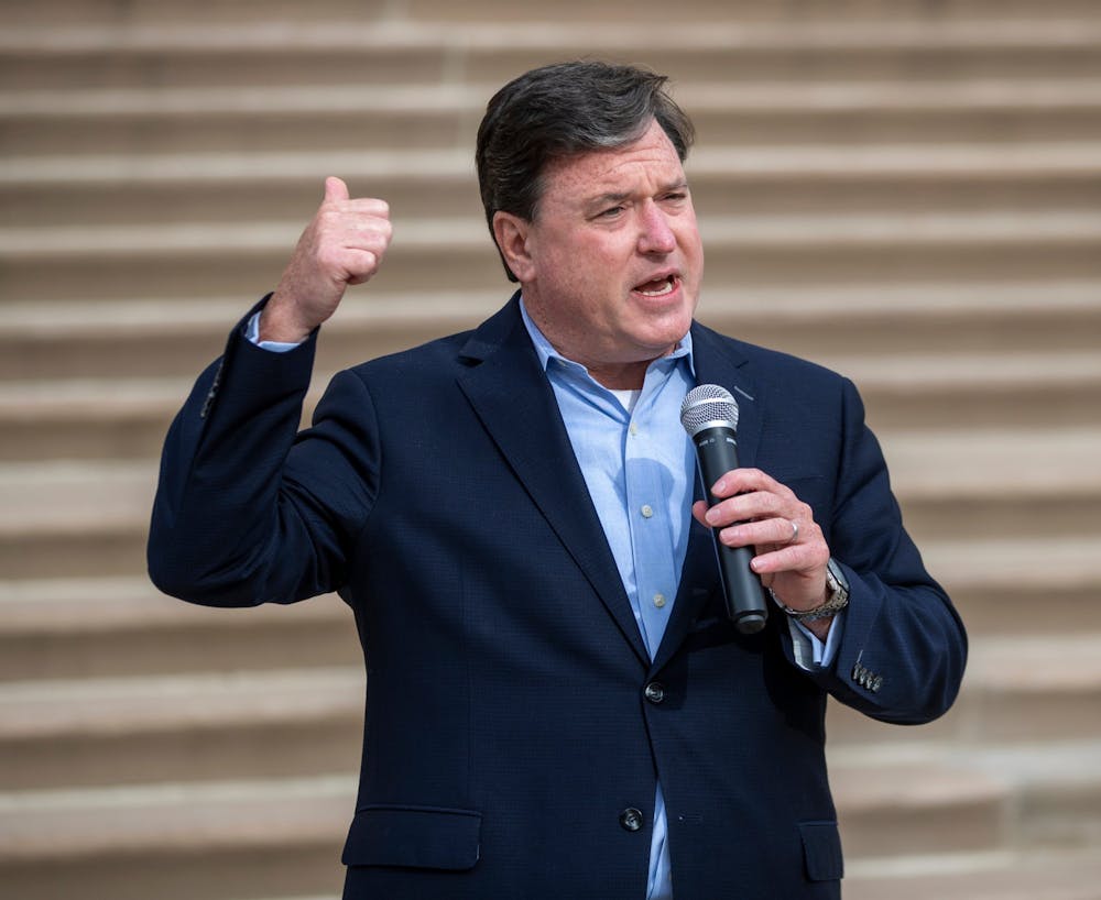 <p>Indiana Attorney General Todd Rokita speaks to supporters Nov. 16, 2021, at the Indiana Statehouse. The Martinsville school district is appealing a decision giving transgender boys access to the boys’ bathrooms. <br/><br/><br/><br/></p>