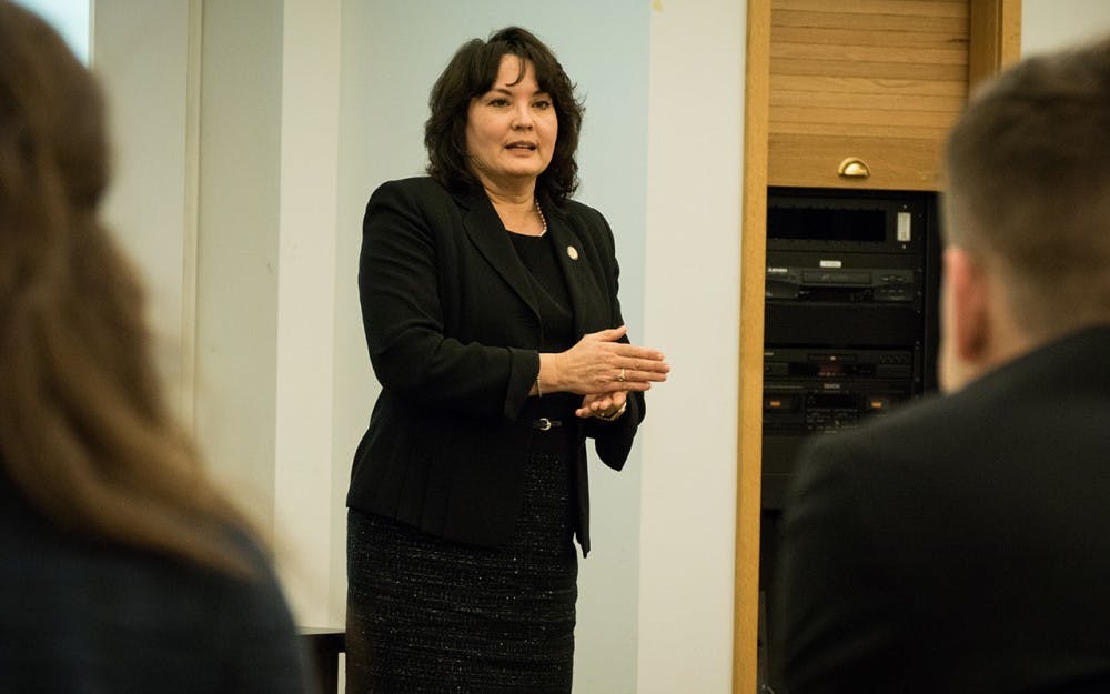 Indiana State Representative Peggy Mayfield shares her experiences with IU students at the Kelley School of Business on Monday. Mayfield represents House District 60, which includes portions of Morgan and Monroe counties.