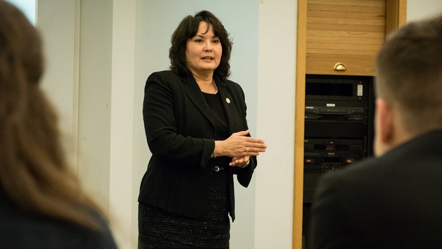 Indiana State Representative Peggy Mayfield shares her experiences with IU students at the Kelley School of Business on Monday. Mayfield represents House District 60, which includes portions of Morgan and Monroe counties.