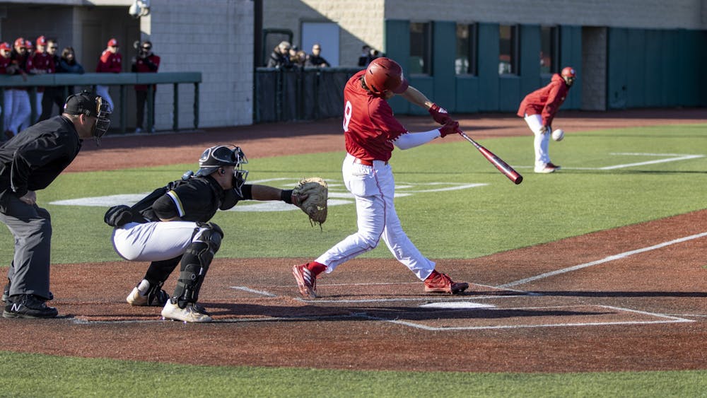 Freshman catcher Brock Tibbitts swings at a pitch against Purdue University Fort Wayne on March 9, 2022, at Bart Kaufman Field. Indiana lost 8-4 to the University of Evansville on Tuesday .