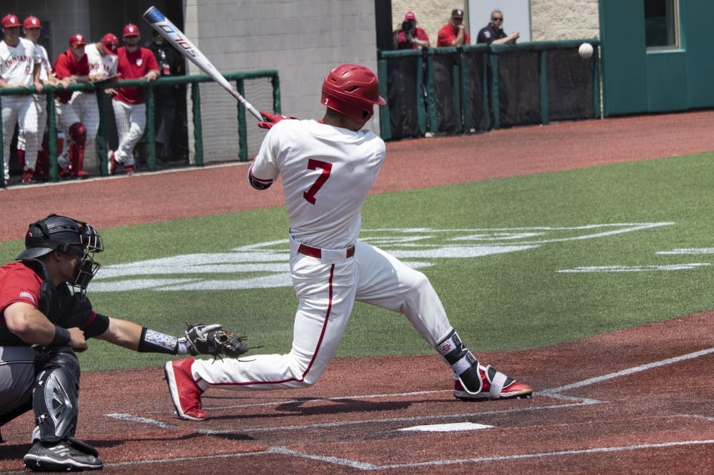 <p>Junior outfielder Matt Gorski hits the ball May 18 at Bart Kaufman Field. Gorski was out at first base against Rutgers.</p>