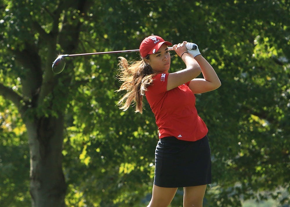 <p>Freshman golfer Mary Parsons finishes her swing after a drive at the Bettie Lou Evans Invitational in Lexington, Kentucky, on Oct. 6. Parsons and the Hoosiers finished in sixth place at the Lady Buckeye Invitational.</p>