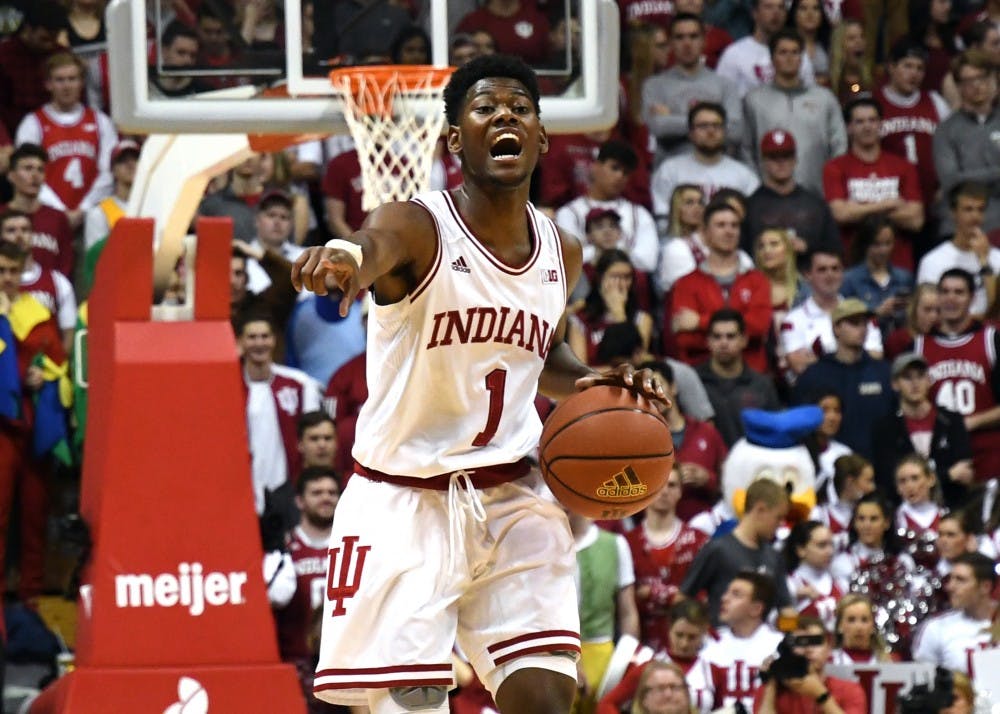Freshman guard Aljami Durham brings the ball up the court against Iowa Monday evening in Simon Skjodt Assembly Hall. Durham had seven points in IU's 77-64 win against Iowa.