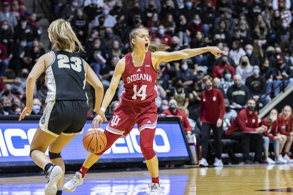 <p>Graduate guard Ali Patberg calls a play during the game against Purdue on Jan. 16, 2022, at Mackey Arena. Indiana beat Illinois 93-61. </p>